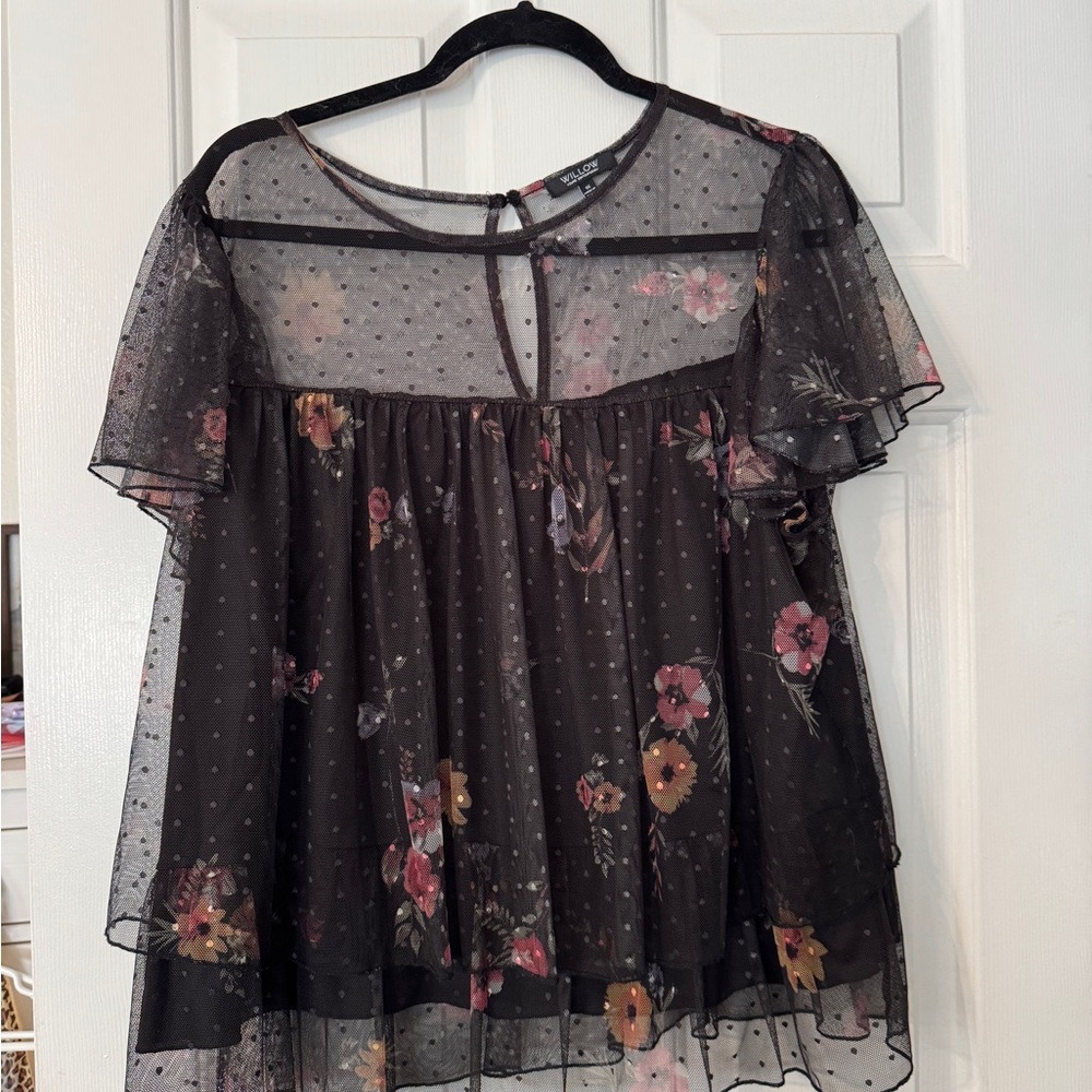 Willow Young Contemporary Top 1X Black Sheer Floral Blouse